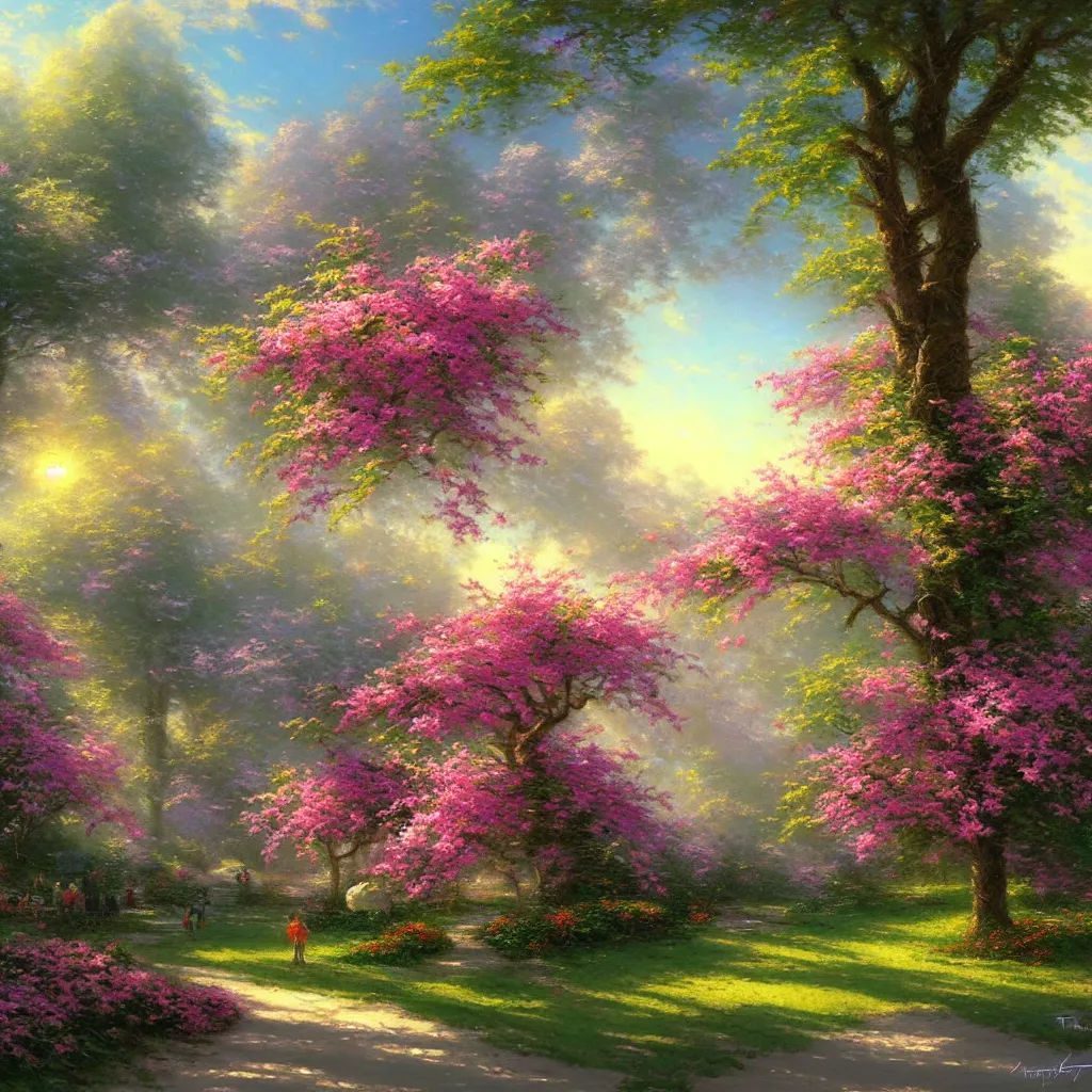 Prompt: beautiful spring day, artstation, digital art, concept art, artstation, highly detailed, sharp focus, by Thomas Kinkade