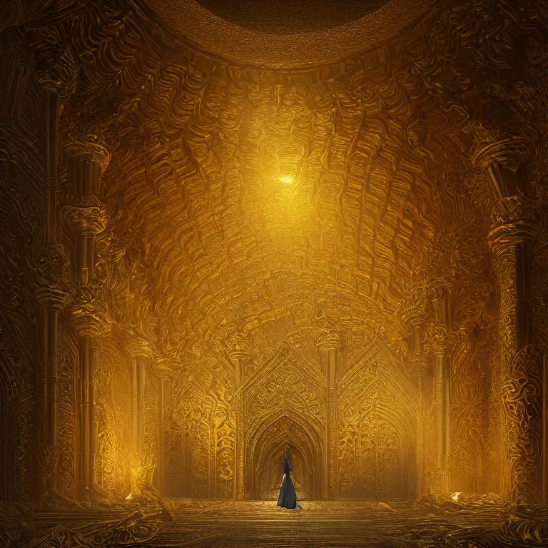 Prompt: highly detailed gold majestic in the entrance castle kingdom of agharta, aerocar, land of advanced races, giant, hollow earth infographic, hiperrealistc, global illumination, radiant light, detailed and intricate environment, trending on artstation, art by oleg oprisco, 8 k