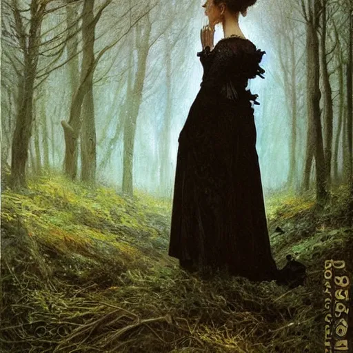 Image similar to A beautiful victorian woman, night, gothic dress, flowing hair, oil painting, portrait, magical forest, , glow, dramatic lighting, dramatic light, masterpiece, high detail, long shadow, amazing composition, detailed, painted by Caspar David Friedrich