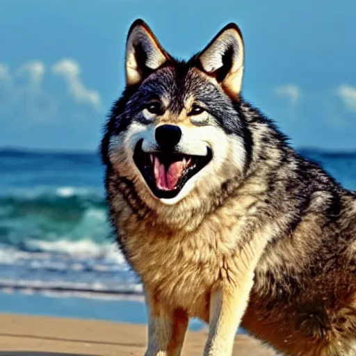 Prompt: an adorable but fierce chubby wolf with rabbit ears, Smiling at the camera with a mischievous grin, at a tropical beach