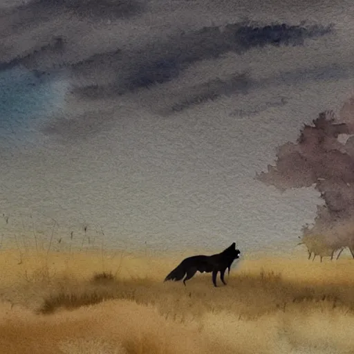 Prompt: a wolf in a beautiful natural scene. heath, sand dune, dry grass and trees. beautiful light, dramatic clouds. soft colour scheme. beautiful artistic detailed watercolor illustration by lurid ( 2 0 2 2 ).