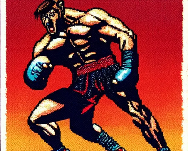 Prompt: 8 bit nes graphics. antropomorphic muscular masculine wolf. kickboxer fighter, in shorts. wolf head. fine details, very sharp, art from nes game cartridge, marc simonetti and hermann nitsch