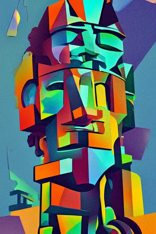 Image similar to cubist moai statue cutout digital illustration cartoon colorful beeple