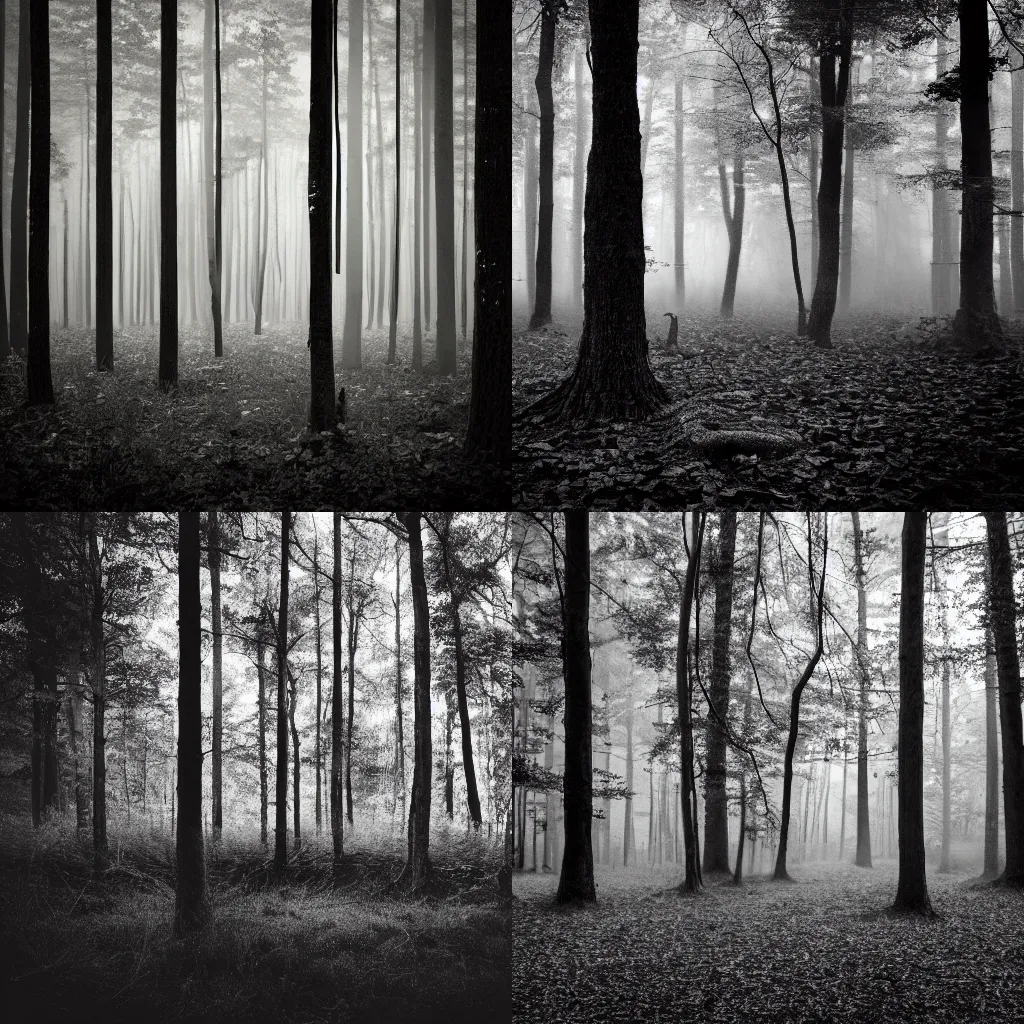 Prompt: a black and white photo of a forest, a woodcut by eglon van der neer, trending on unsplash, primitivism, rendered in unreal engine, octane render, shallow depth of field