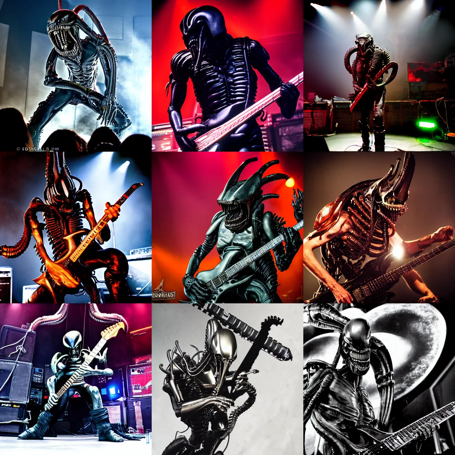 Prompt: a xenomorph as the lead guitar player of a heavy metal band, detailed concert photograph, imax, 7 0 mm