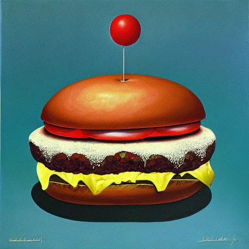 Image similar to painting of a burger with a mouth in the style of beksinski