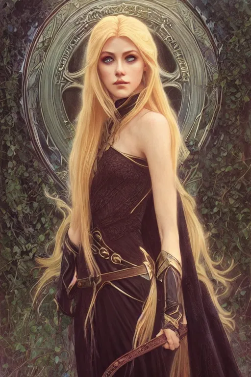 Image similar to portrait of katherine mcnamara elven mage, dark, piercing eyes, gentle expression, elegant clothing, photorealistic, highly detailed, artstation, smooth, sharp focus, art by michael whelan, artgerm, greg rutkowski and alphonse mucha