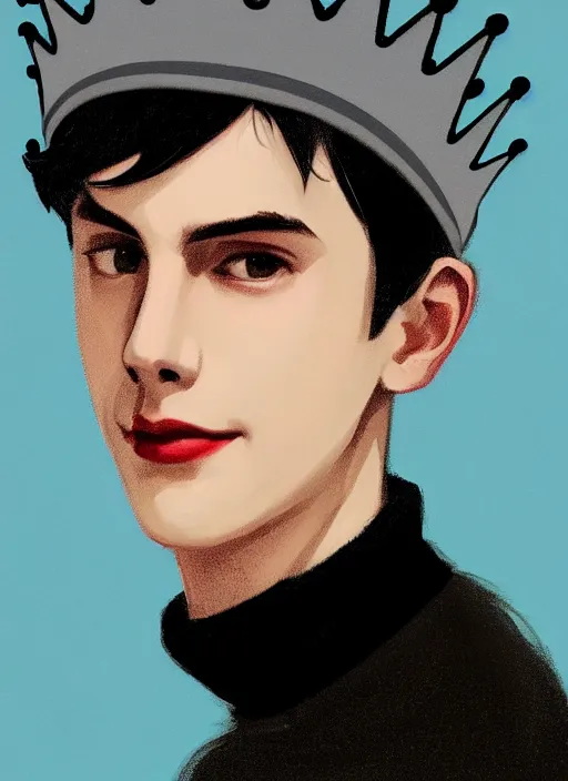 Image similar to portrait of teenage jughead jones wearing a light grey crown, crown, blue turtleneck, 1 9 5 0 s, closed eyes, photorealistic, black hair, glowing lighting, intricate, elegant, glowing lights, highly detailed, digital painting, artstation, concept art, smooth, sharp focus, illustration, art by wlop, mars ravelo and greg rutkowski