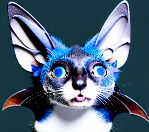 Image similar to a blue - and - black male catbat fursona with blue / green heterochromatic eyes ( differently - colored eyes, one eye green, one eye blue ) and huge bat ears, photo of the catbat streaming on his computer