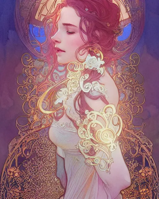 Image similar to secret romance, highly detailed, very intricate, art nouveau, gold filigree, romantic storybook fantasy, soft cinematic lighting, award - winning, disney concept art watercolor illustration by mandy jurgens and alphonse mucha and alena aenami, pastel color palette, featured on artstation