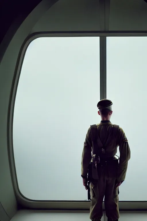 Image similar to kodak portra 5 0 mm f 4 full body portrait photography of a wwii airborne infantry soldier who's a mix of gillian anderson and adam driver, looking exhausted, setting is inside a sci fi megastructure tower looking out a window, photo by erwin olaf