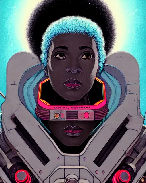 Prompt: sojourn from overwatch, african canadian, gray hair, afro, teal silver red, character portrait, portrait, close up, concept art, intricate details, highly detailed, vintage sci - fi poster, retro future, vintage sci - fi art, in the style of chris foss, rodger dean, moebius, michael whelan, and gustave dore