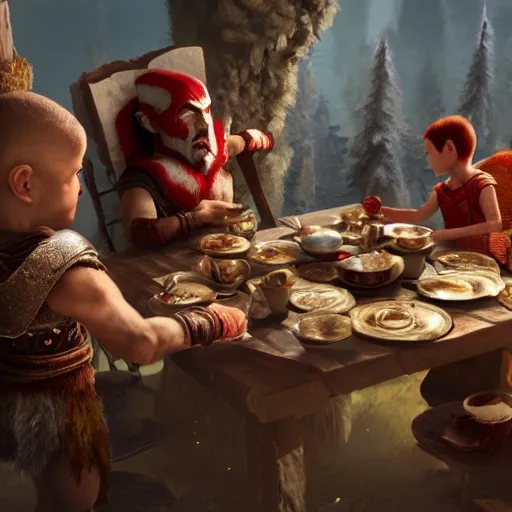 Prompt: god of war having a tea party with little kids, digital painting, 3 d, octane render