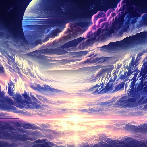 Prompt: beautiful surreal scenery artwork pixiv. gigantic architectural modern design node network of cloud computing soul dust. unthinkable dream cloud computer vast expanding lush worldly infinites. sublime god lighting, sun rays, cold colors. insanely detailed, artstation!! pixiv!! infinitely detailed