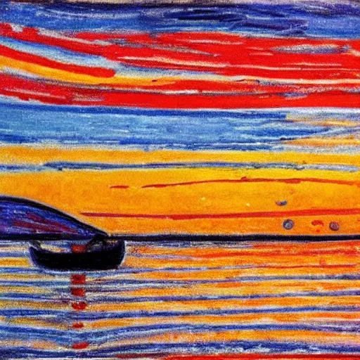 Prompt: sunset with boat style of edvard munch