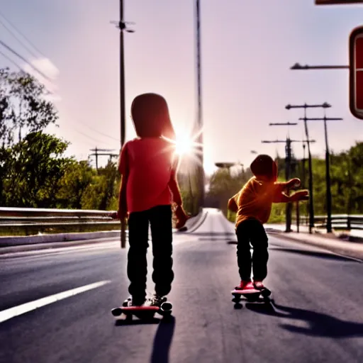 Image similar to three children belly - skateboarding on busy highway, award winning photograph, lens flare, 3 5 mm, cinematic