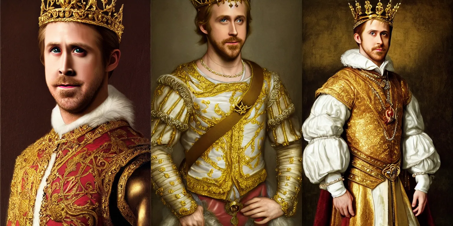 Prompt: Full-body renaissance portrait of Ryan Gosling as a king of fantasy kingdom with crown on his head, front view, gold, artstation, beautiful, impressive, by Anthony van Dyck