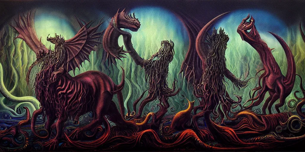 Image similar to mythical creatures and monsters in the imaginal realm of the collective unconscious, in a dark surreal painting by ronny khalil