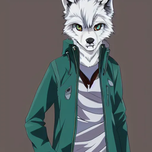 Image similar to key anime visual portrait of an anthropomorphic anthro wolf fursona, in a jacket, with handsome eyes, official modern anime art