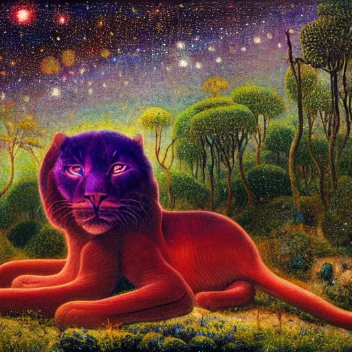 Image similar to psychedelic big cats hidden lush pine forest, outer space, milky way, designed by arnold bocklin, jules bastien - lepage, tarsila do amaral, wayne barlowe and gustave baumann, cheval michael, trending on artstation, star, sharp focus, colorful refracted sparkles and lines, soft light, 8 k 4 k