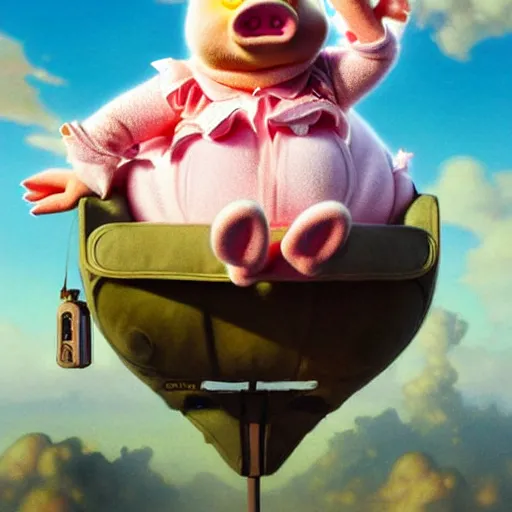 Image similar to cute miss piggy falling from plane, cute and cuddly, highly detailed, photorealistic, octane render, 8 k, unreal engine. art by artgerm and greg rutkowski and alphonse mucha