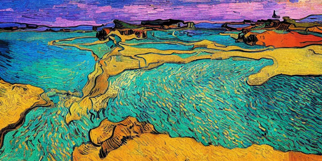 Image similar to a beach between two valley, by Salvador Dali and Van Gogh collaboration, sun set, digital art, high details, drone wide shot