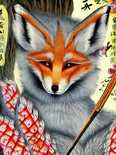 Image similar to photorealistic full - color fantasy illustration a beautiful japanese kitsune goddess who is partially transforming into an anthropomorphic fox, in an inari shinto shrine in kyoto. highly - detailed professional art.