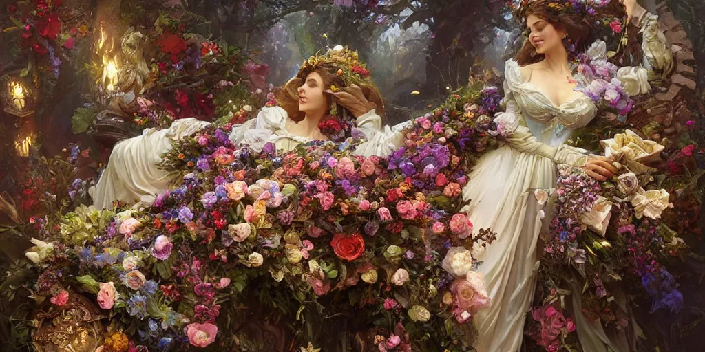 Image similar to an elaborate coffin with a mysterious sleeping beauty holding a large bouquet of flowing flowers,, fantasy, regal, intricate, by stanley artgerm lau, greg rutkowski, thomas kindkade, alphonse mucha, loish, norman rockwell