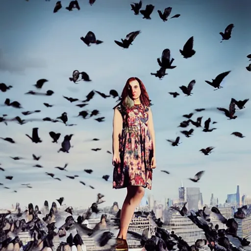 Image similar to “a woman wearing a dress that is turning into a flock of pigeons, standing on the roof of an urban building in NYC, fashion photography, photorealistic, bloom lighting”