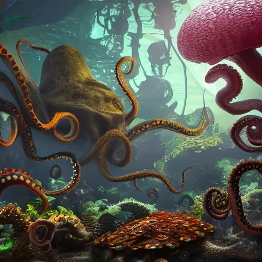 Prompt: an octopus'garden, under the sea, in the shade. trending on cgsociety, exaggerated detailed, unreal engine, 4 k wallpaper