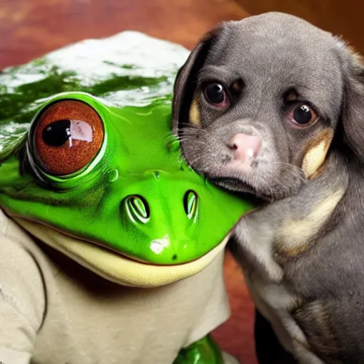 Prompt: giant frog eating a dog