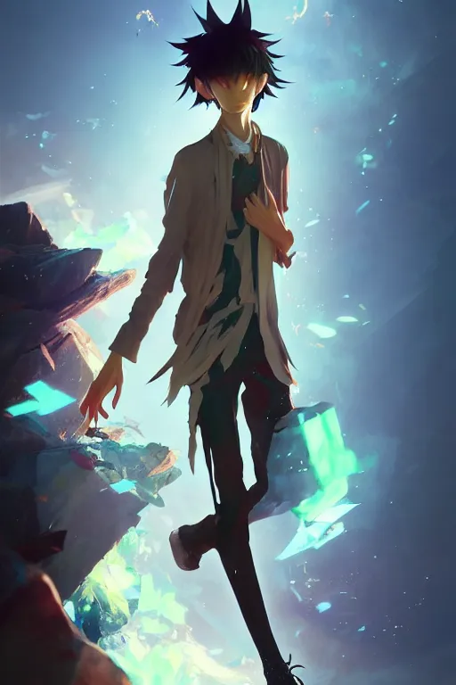 Prompt: a beautiful fullbody portrait of a skinny young anime male wearing a wizard style outfit. character design by cory loftis, fenghua zhong, ryohei hase, ismail inceoglu and ruan jia. artstation, volumetric light, detailed, photorealistic, fantasy, rendered in octane