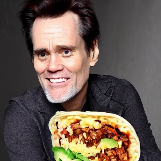 Image similar to jim carrey's head inside of a burrito, inside burrito, inside burrito