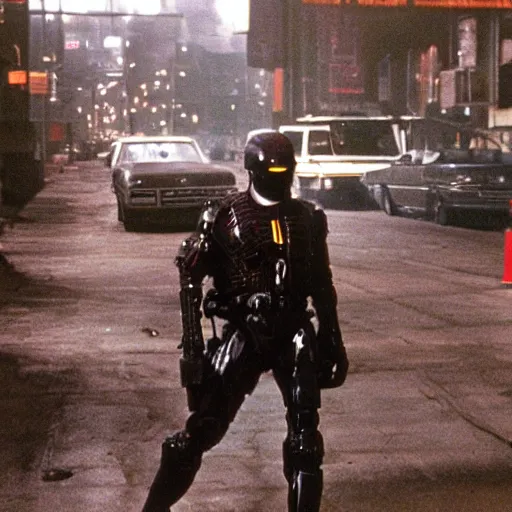 Image similar to Environment = Detroit 1987, only one cop part man part machine can stand up to crime - Cyborg Cop, Character = Cyborg Cop who is a cybernetic organism part human part machine, all justice, Style = Ultra Realistic, VHS film, Total Recall, Das Boot, Starship Troopers, cinematography by Jost Vacano, Composure = Establishing shot, Exterior Shot, Cinematic Film, 4k