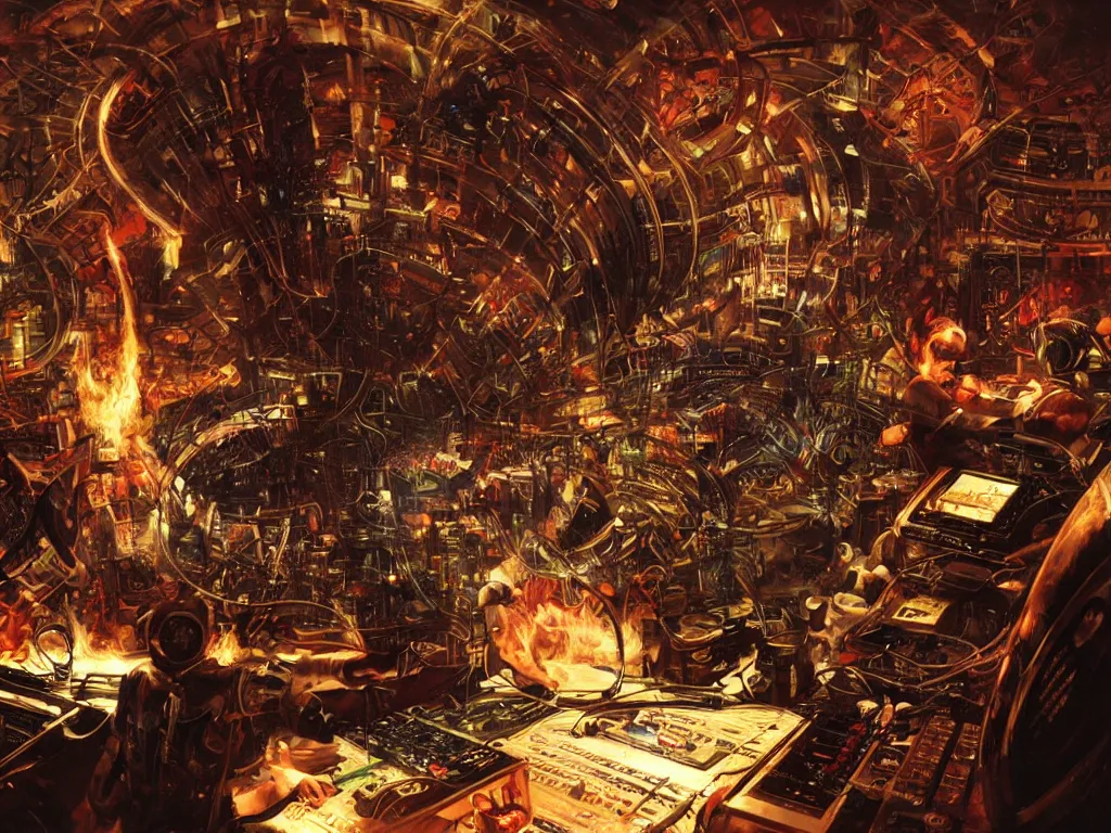 Image similar to an incredible masterpiece of a cyborg dj is playing a vast array of highly evolved and complex musical technology surrounded by an incredible and complex circular structure lit by fire, by craig mullins