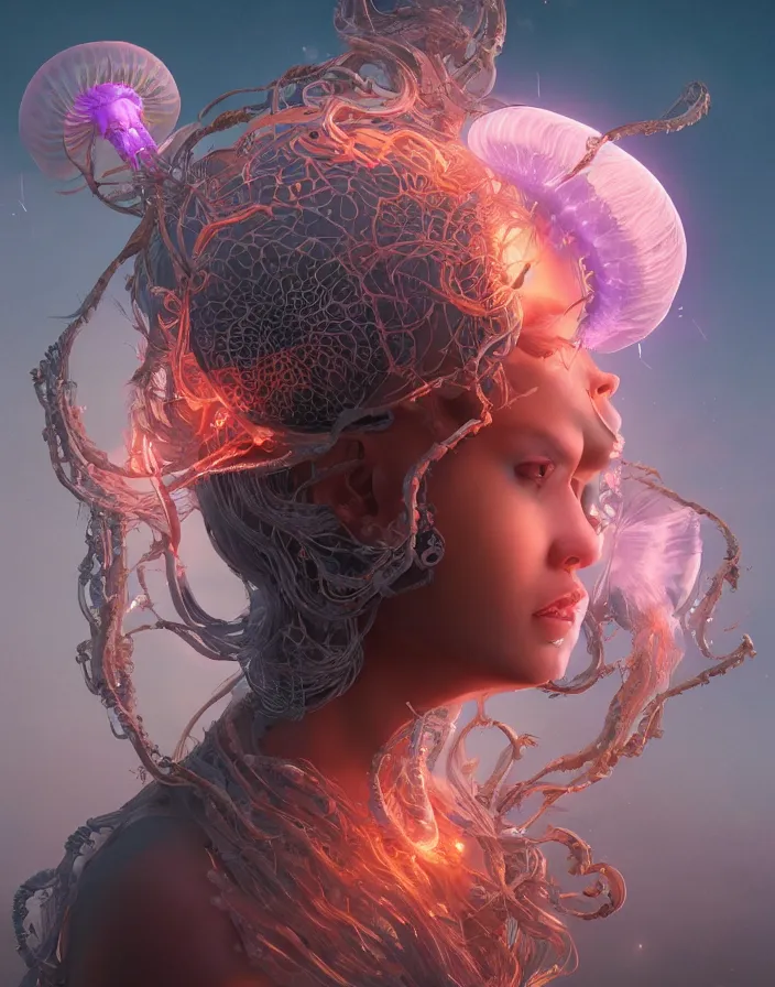 Image similar to goddess portrait. jellyfish phoenix head. intricate artwork by Tooth Wu and wlop and beeple. octane render, trending on artstation, greg rutkowski very coherent symmetrical artwork. cinematic, hyper realism, high detail, octane render, 8k, matte painting, peter mohrbacher, 3d