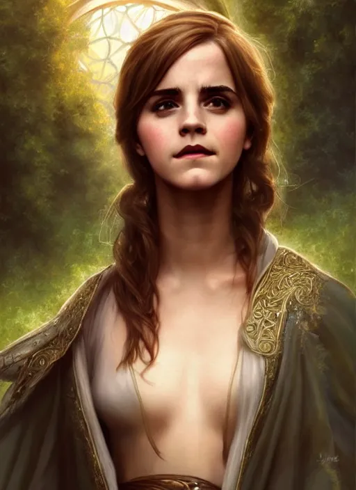 Prompt: emma watson as magic druid, shiny background, intricate, elegant, highly detailed, digital painting, artstation, concept art, smooth, sharp focus, illustration, artgerm, bouguereau