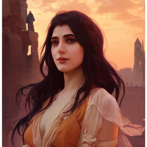 Image similar to A seductive twenty year old Mesopotamian witch in training, fully clothed in a major Mesopotamian city, portrait, highly detailed, digital painting, artstation, concept art, sharp focus, illustration, cinematic lighting, art by artgerm and greg rutkowski and alphonse mucha