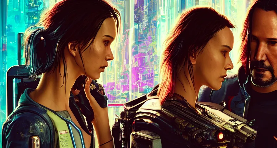 Image similar to a cyberpunk 2077 srcreenshot couple portrait of a Keanu Reeves and a female android in final kiss,love,film lighting,by Laurie Greasley,Lawrence Alma-Tadema,Dan Mumford,John Wick,Speed,Replicas,artstation,deviantart,FAN ART,full of color,Digital painting,face enhance,highly detailed,8K,octane,golden ratio,cinematic lighting