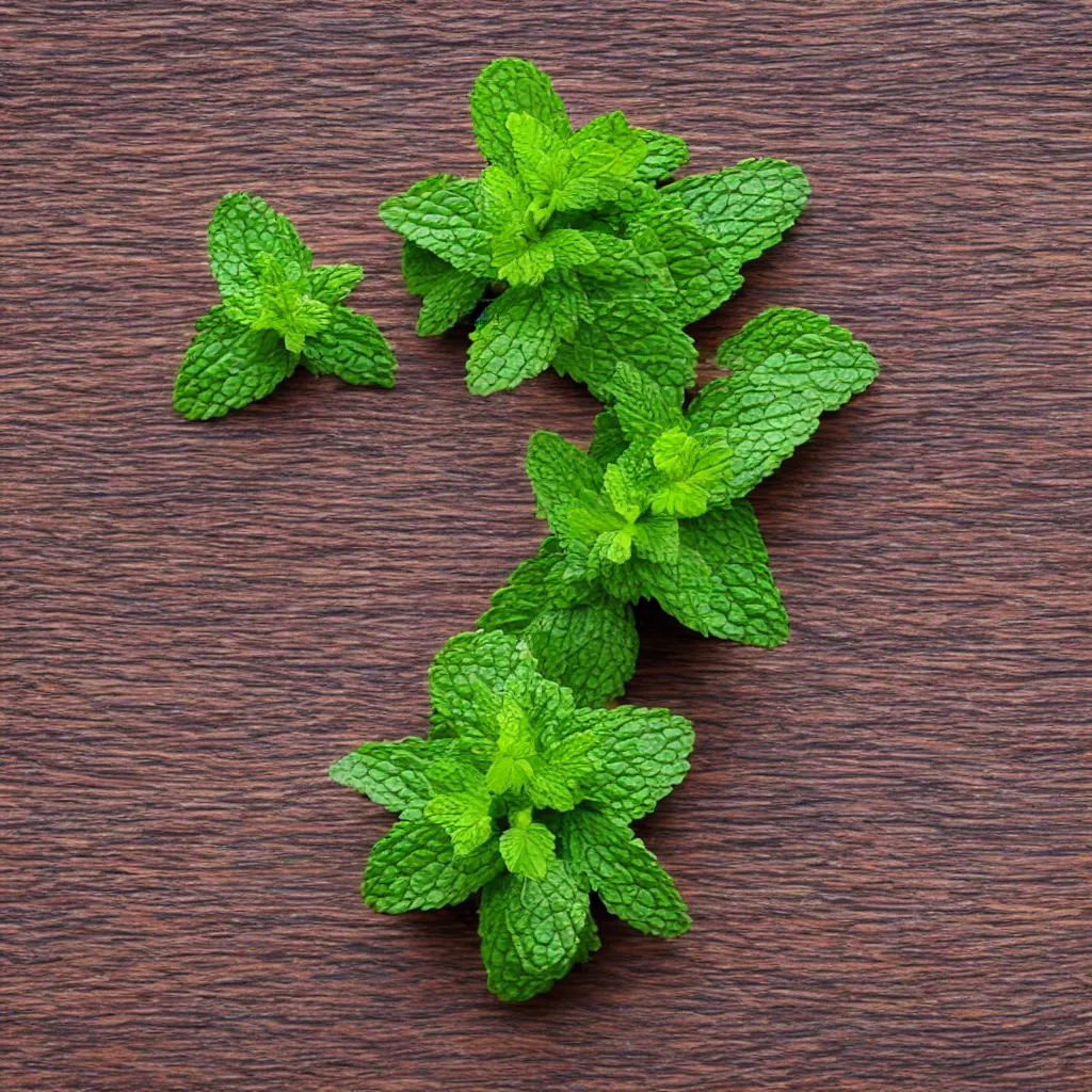 Image similar to top-down view of mint on top of a wooden table, 4k, photorealistic