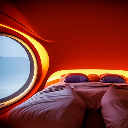 Image similar to inside cozy luxurious curved sleep-pod with wall to wall padding and sound system, amber ambient, red desert outside window, night time, lighting, atmospheric, polyamorous, XF IQ4, 150MP, 50mm, F1.4, ISO 200, 1/160s, dawn