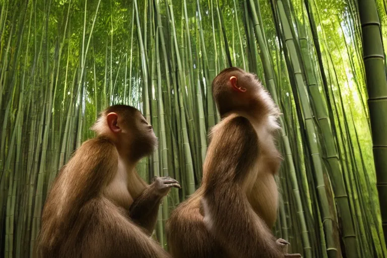 Image similar to cinematography closeup portrait of couple dancing in a bamboo forest, thin flowing fabric, audience of monkeys, natural light by Emmanuel Lubezki