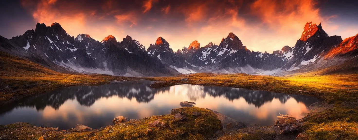 Image similar to amazing landscape photo of mountains with lake in sunset by marc adamus, beautiful dramatic lighting