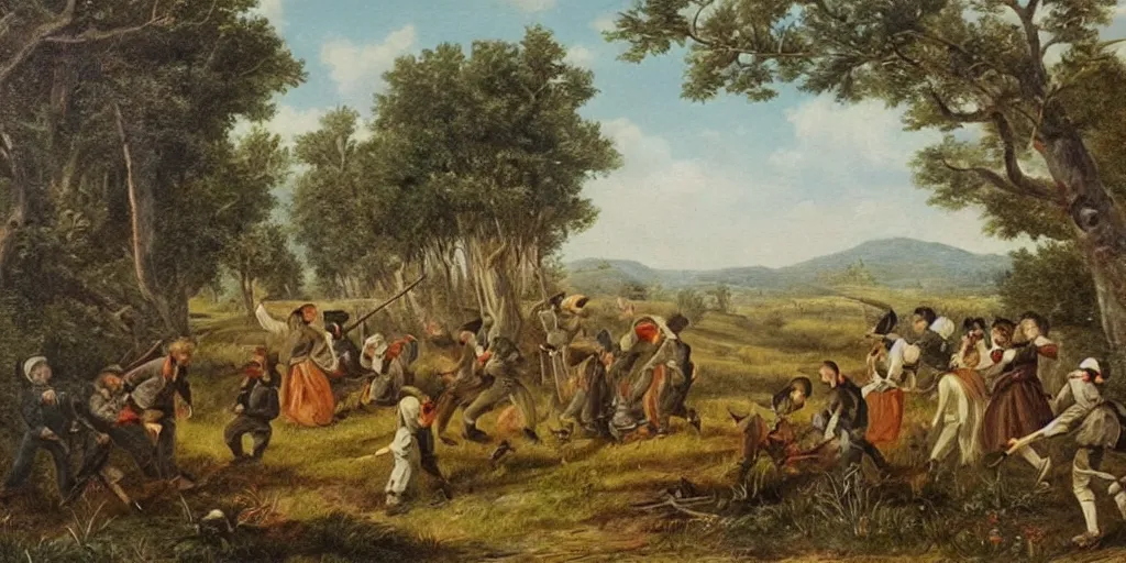 Image similar to 1800s painting of a country folk family shooting at zombies in the woods