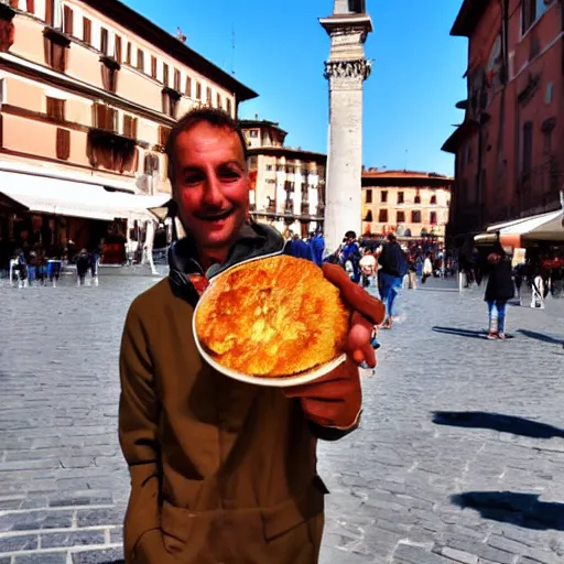 Prompt: friendly looking local from Bologna offering you a cotoletta in Piazza Cavour