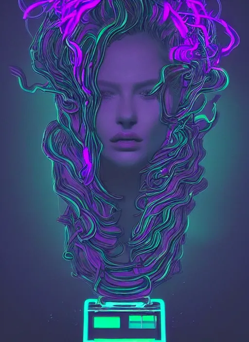 Prompt: medusa, beeple, vaporwave, retrowave, black background, neon wiring, black, glitch, strong contrast, cuts, pinterest, trending on artstation