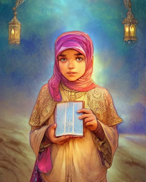 Prompt: a bedouin child infront of an big open quran highly detailed, gold filigree, romantic storybook fantasy, soft cinematic lighting, award, disney concept art watercolor illustration by mandy jurgens and alphonse mucha and alena aenami, pastel color palette, featured on artstation