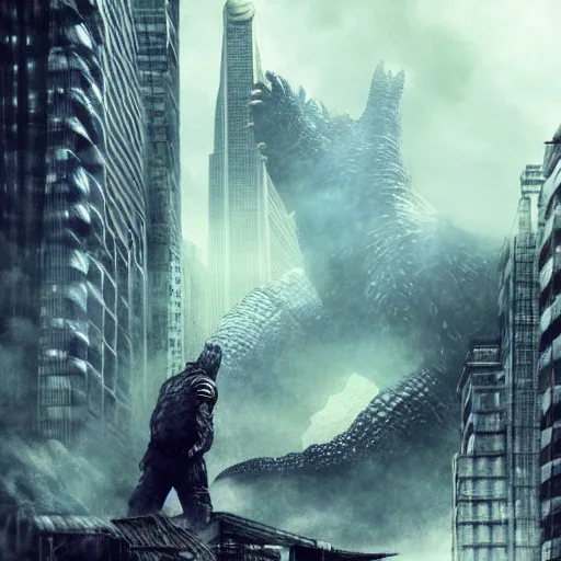 Image similar to Liam Neeson versus Godzilla, post-apocalyptic, hulking, close up, urban background, highly detailed, artstation, movie poster, sharp focus, illustration, art by artgerm and greg rutkowski