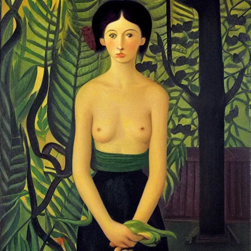 Prompt: a painting by henri rousseau of a young russian woman in a room full of snakes