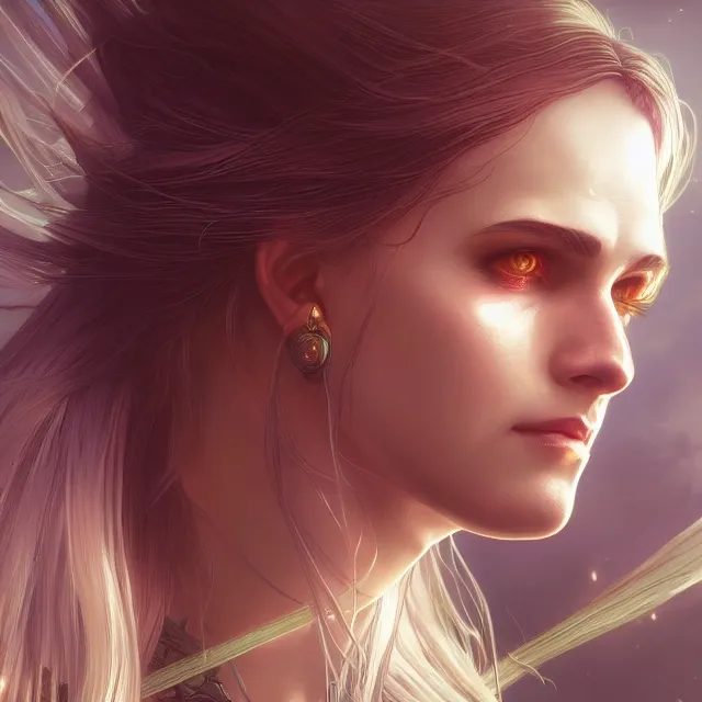 Image similar to close up portrait of a beautiful female witcher, shiny, glowing hair, subsurface scattering, artistic, magical background with light rays, fantasy atmosphere. art by artgerm, greg rutkowski and alphonse mucha, highly detailed, intricate, lifelike. sci - fi, fantasy, magical, octane render,